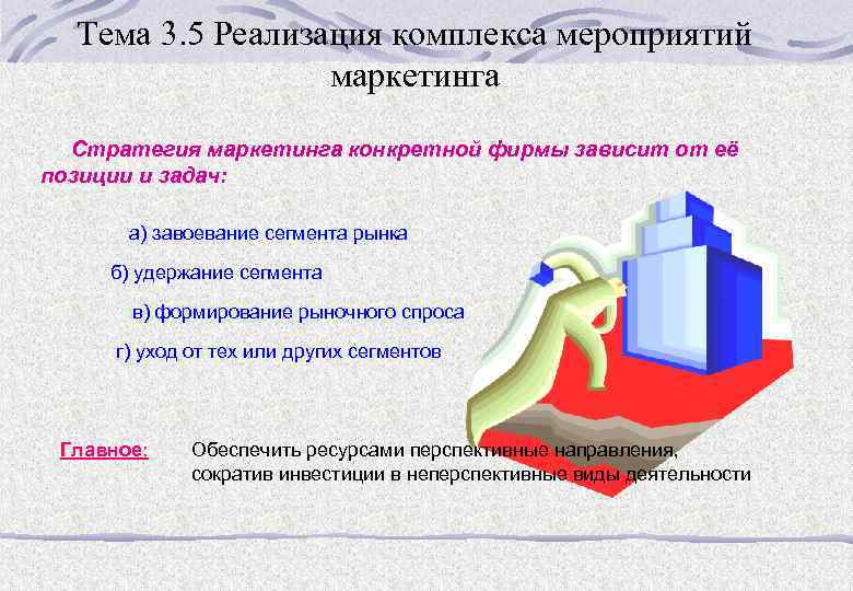 Тема 3. 5 Реализация комплекса мероприятий маркетинга Стратегия маркетинга конкретной фирмы зависит от её