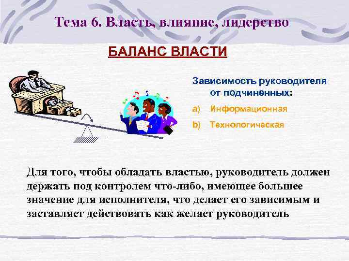 Тема 6. Власть, влияние, лидерство БАЛАНС ВЛАСТИ Зависимость руководителя от подчиненных: a) Информационная b)