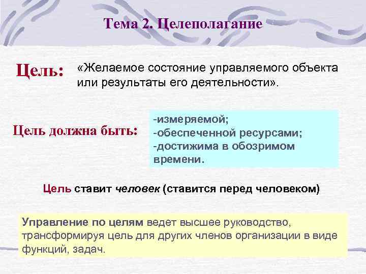 Тема 2. Целеполагание Цель: «Желаемое состояние управляемого объекта или результаты его деятельности» . Цель