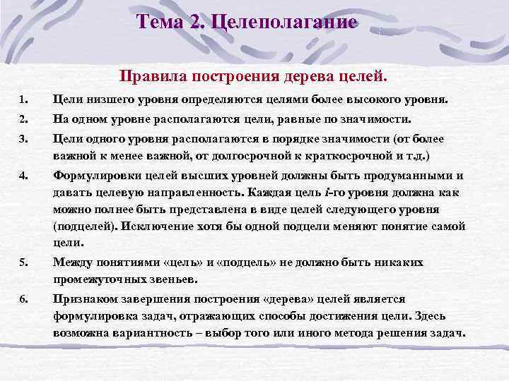 Тема 2. Целеполагание Правила построения дерева целей. 1. Цели низшего уровня определяются целями более