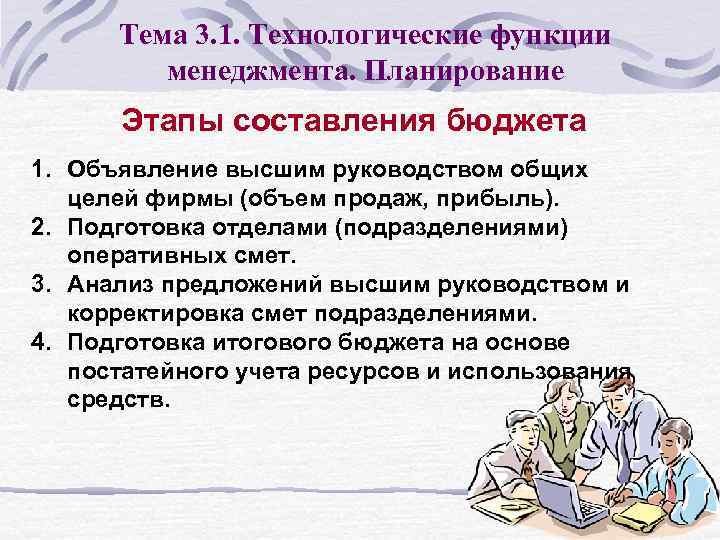 Тема 3. 1. Технологические функции менеджмента. Планирование Этапы составления бюджета 1. Объявление высшим руководством