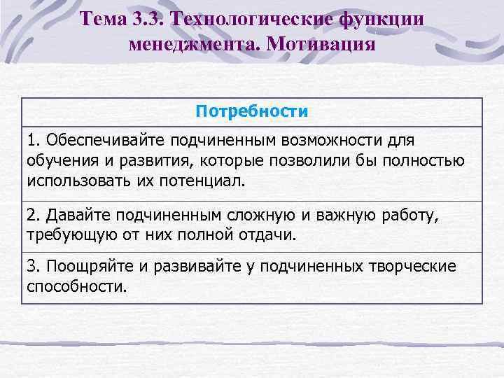 Тема 3. 3. Технологические функции менеджмента. Мотивация Потребности 1. Обеспечивайте подчиненным возможности для обучения