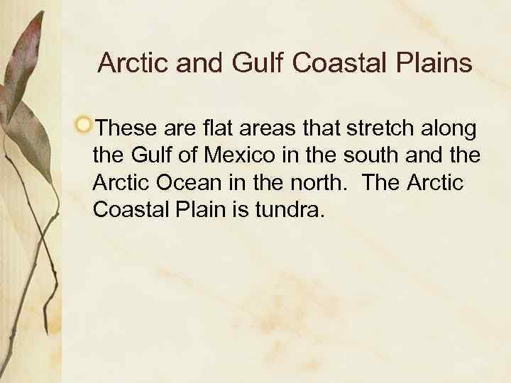 Arctic and Gulf Coastal Plains These are flat areas that stretch along the Gulf