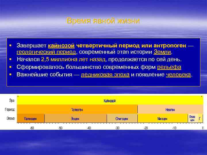 Время явной жизни § Завершает кайнозой четвертичный период или антропоген — геологический период, современный