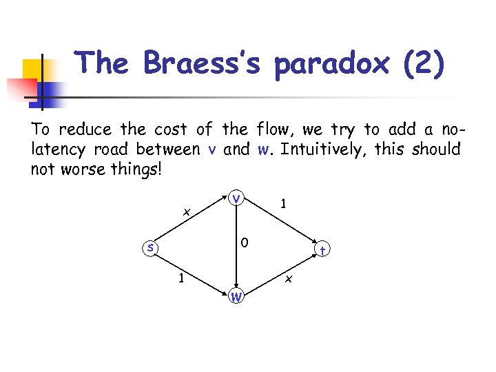 The Braess’s paradox (2) To reduce the cost of the flow, we try to