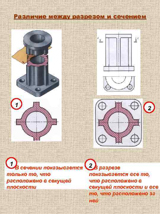 Различие между разрезом и сечением 1 1 В сечении показывается только то, что расположено