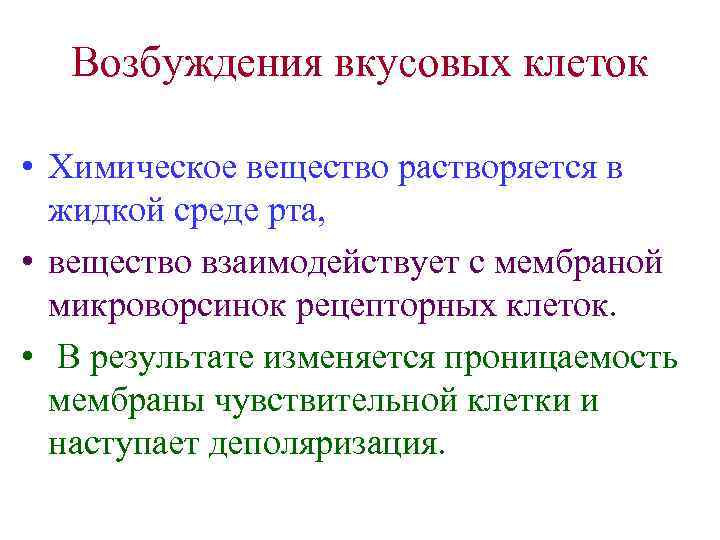 Возбуждения вкусовых клеток • Химическое вещество растворяется в жидкой среде рта, • вещество взаимодействует