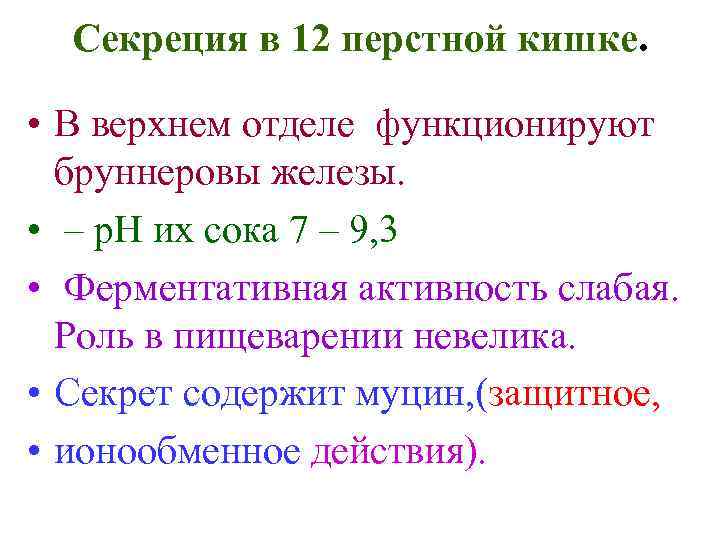 Секреция в 12 перстной кишке. • В верхнем отделе функционируют бруннеровы железы. • –