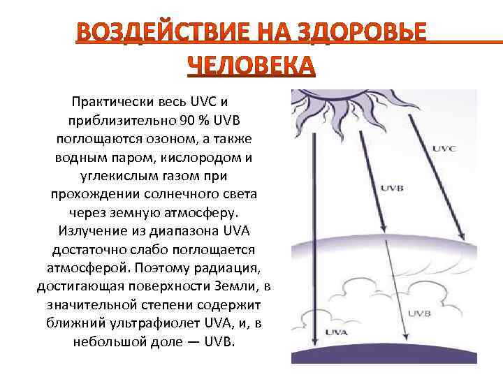  Практически весь UVC и приблизительно 90 % UVB поглощаются озоном, а также водным