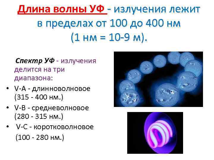 Длина волны УФ - излучения лежит в пределах от 100 до 400 нм (1
