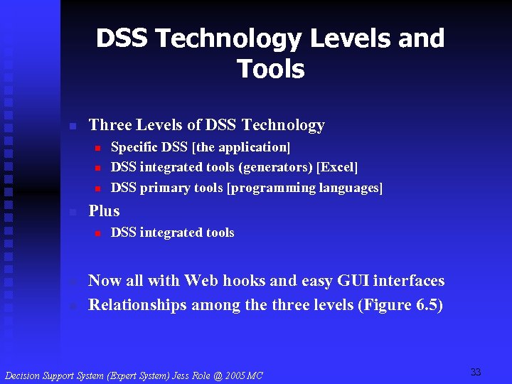 DSS Technology Levels and Tools n Three Levels of DSS Technology n n Plus