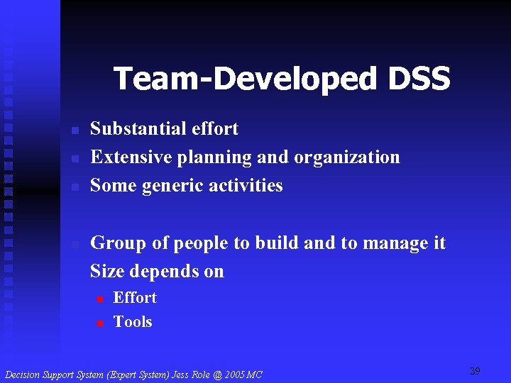 Team-Developed DSS n n Substantial effort Extensive planning and organization Some generic activities Group