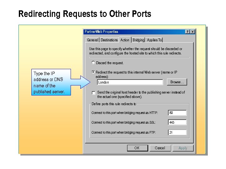 Redirecting Requests to Other Ports Partner. Web Properties General Destinations Action Bridging Applies To