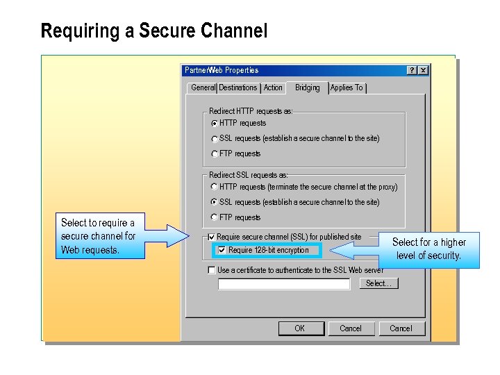 Requiring a Secure Channel Partner. Web Properties General Destinations Action Bridging Applies To Redirect