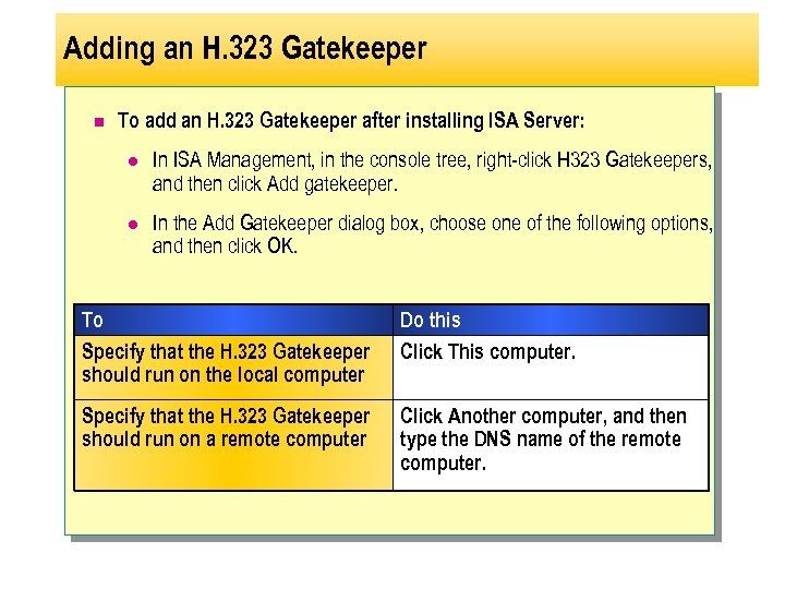 Adding an H. 323 Gatekeeper n To add an H. 323 Gatekeeper after installing