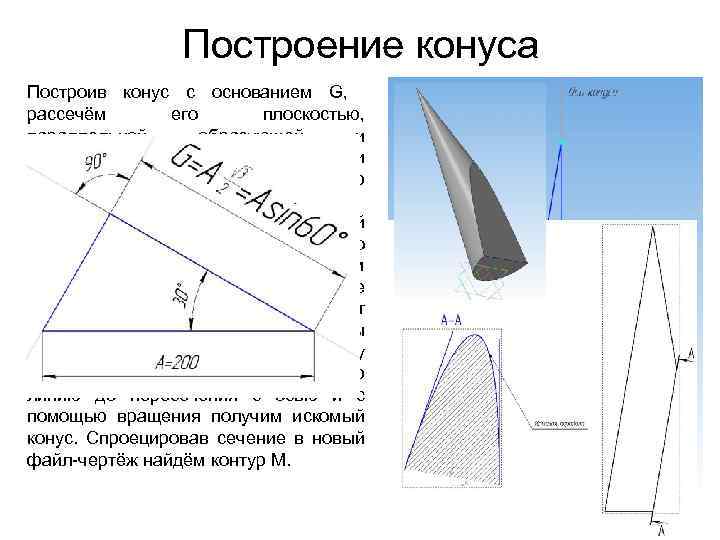 Построение конуса Построив конус с основанием G, рассечём его плоскостью, параллельной образующей и проходящей