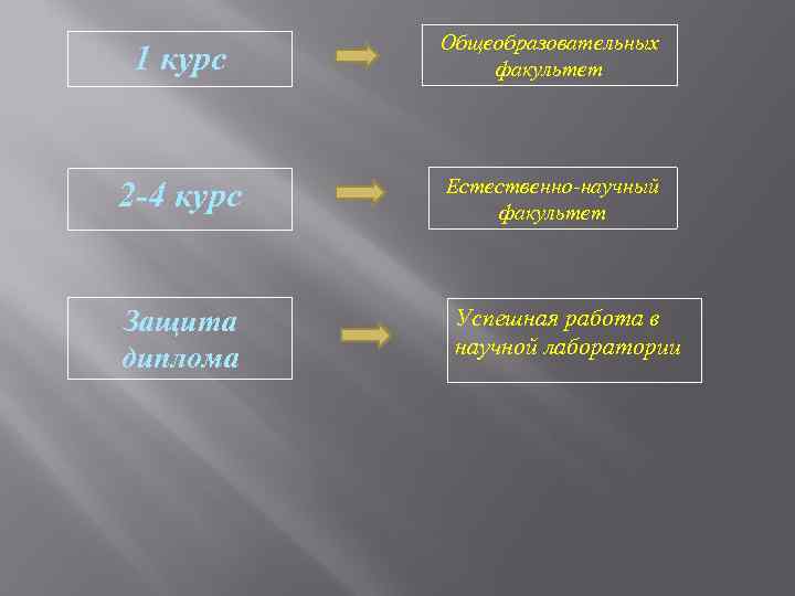 1 курс Общеобразовательных факультет 2 -4 курс Естественно-научный факультет Защита диплома Успешная работа в