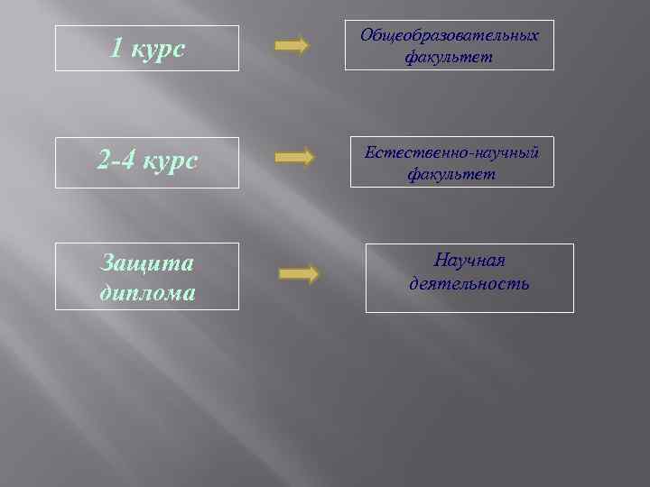 1 курс Общеобразовательных факультет 2 -4 курс Естественно-научный факультет Защита диплома Научная деятельность 