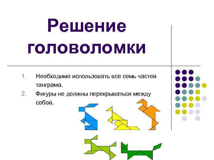 Решение головоломки 1. 2. Необходимо использовать все семь частей танграма. Фигуры не должны перекрываться