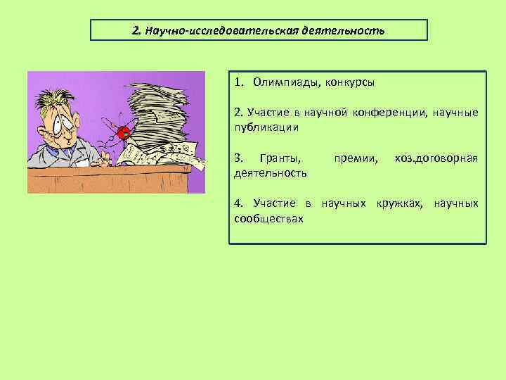 2. Научно-исследовательская деятельность 1. Олимпиады, конкурсы 2. Участие в научной конференции, научные публикации 3.
