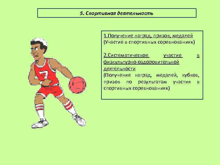 5. Спортивная деятельность 1. Получение наград, призов, медалей (Участие в спортивных соревнованиях) 2. Систематическое
