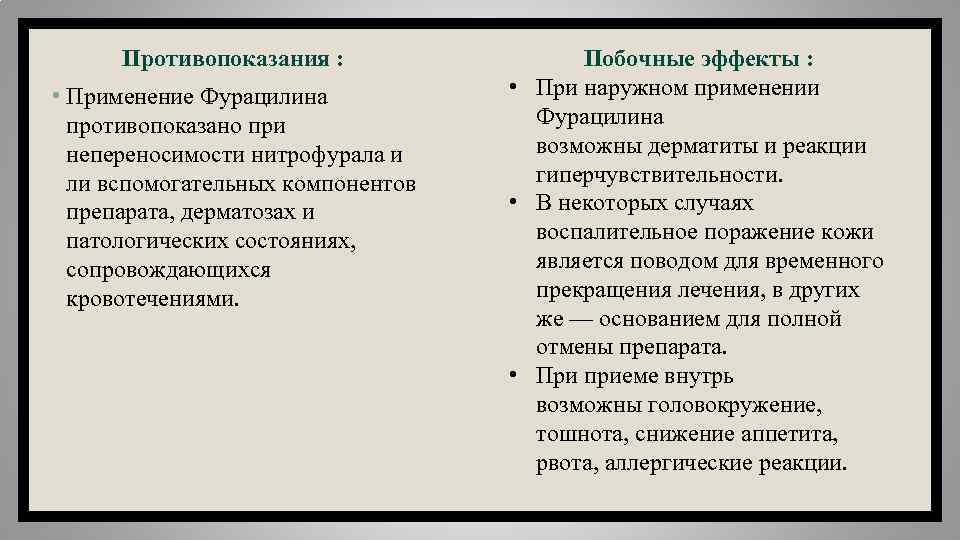 Противопоказания : • Применение Фурацилина противопоказано при непереносимости нитрофурала и ли вспомогательных компонентов препарата,