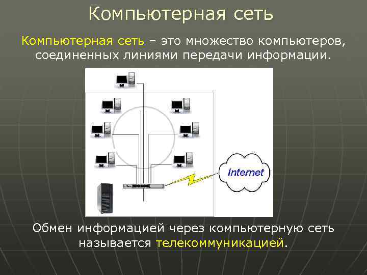 Компьютерная сеть – это множество компьютеров, соединенных линиями передачи информации. Обмен информацией через компьютерную