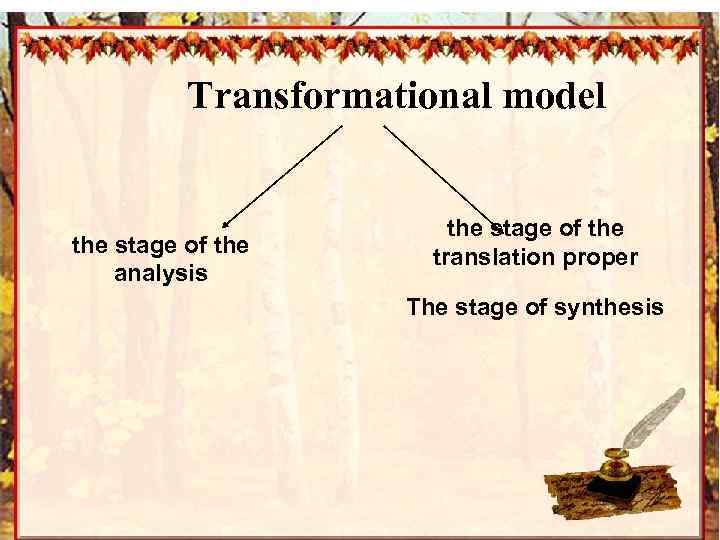 Transformational model the stage of the analysis the stage of the translation proper The