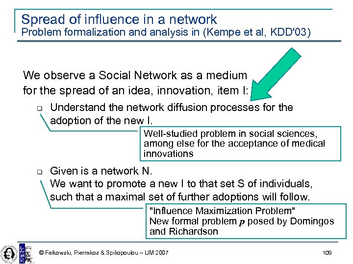 Spread of influence in a network Problem formalization and analysis in (Kempe et al,