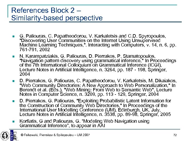 References Block 2 – Similarity-based perspective G. Paliouras, C. Papatheodorou, V. Karkaletsis and C.