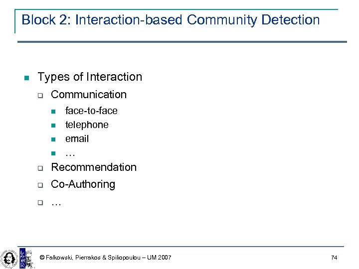 Block 2: Interaction-based Community Detection Types of Interaction Communication face-to-face telephone email … Recommendation