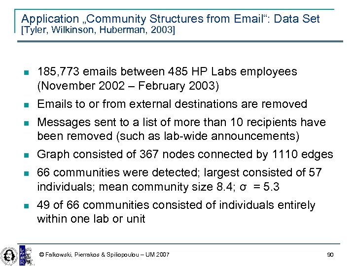 Application „Community Structures from Email“: Data Set [Tyler, Wilkinson, Huberman, 2003] 185, 773 emails