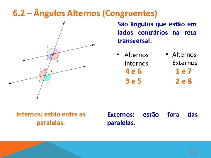 6. 2 – ngulos Alternos (Congruentes) São ângulos que estão em lados contrários na