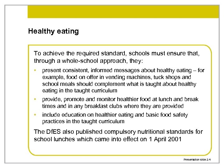 Healthy eating To achieve the required standard, schools must ensure that, through a whole-school
