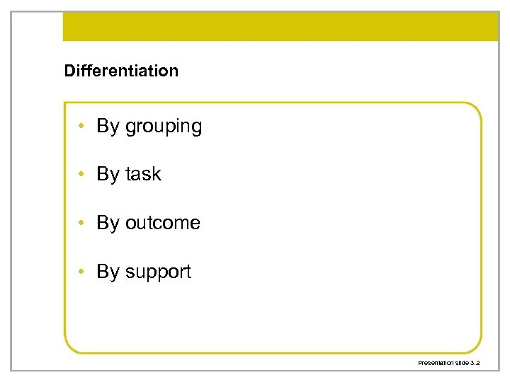 Differentiation • By grouping • By task • By outcome • By support Presentation