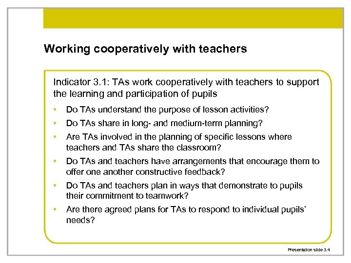 Working cooperatively with teachers Indicator 3. 1: TAs work cooperatively with teachers to support
