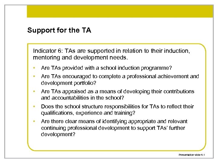 Support for the TA Indicator 6: TAs are supported in relation to their induction,