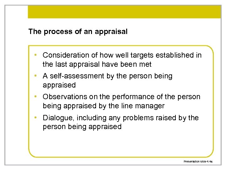 The process of an appraisal • Consideration of how well targets established in the
