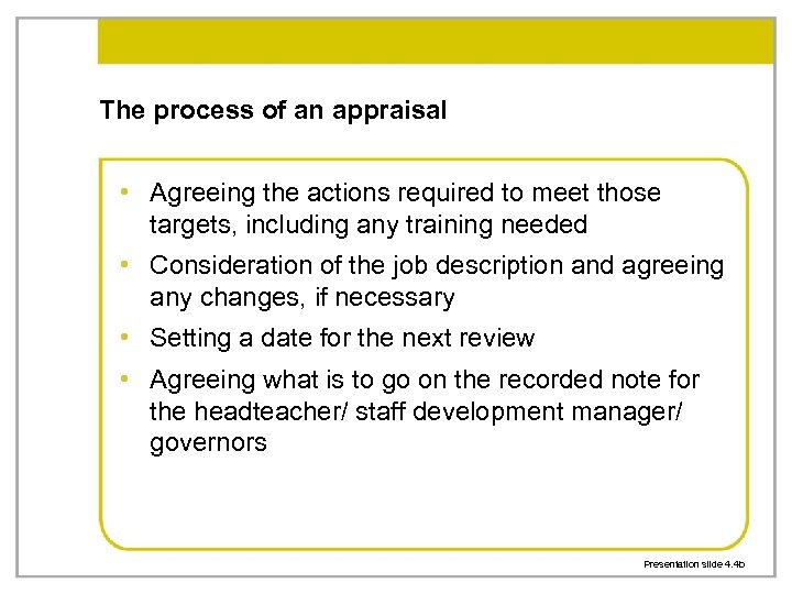 The process of an appraisal • Agreeing the actions required to meet those targets,