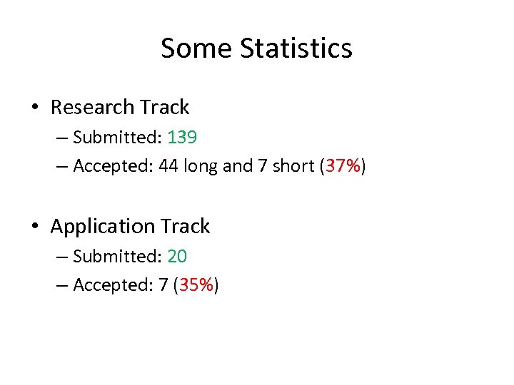 Some Statistics • Research Track – Submitted: 139 – Accepted: 44 long and 7