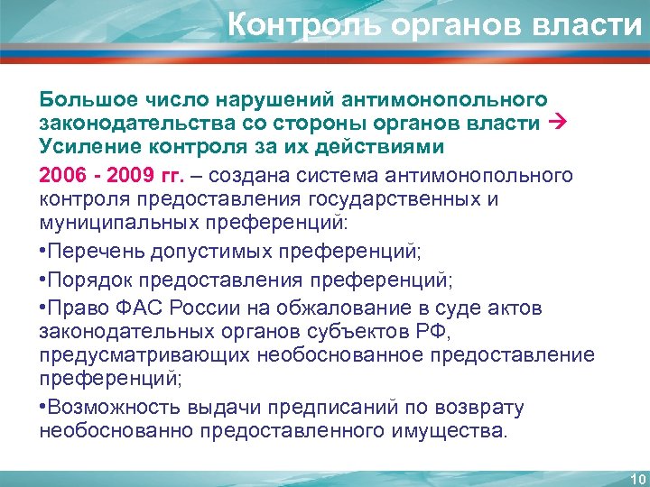 Контроль органов власти Большое число нарушений антимонопольного законодательства со стороны органов власти Усиление контроля