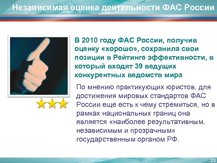 Независимая оценка деятельности ФАС России В 2010 году ФАС России, получив оценку «хорошо» ,