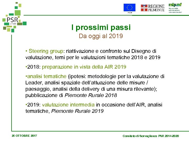 I prossimi passi Da oggi al 2019 • Steering group: riattivazione e confronto sul