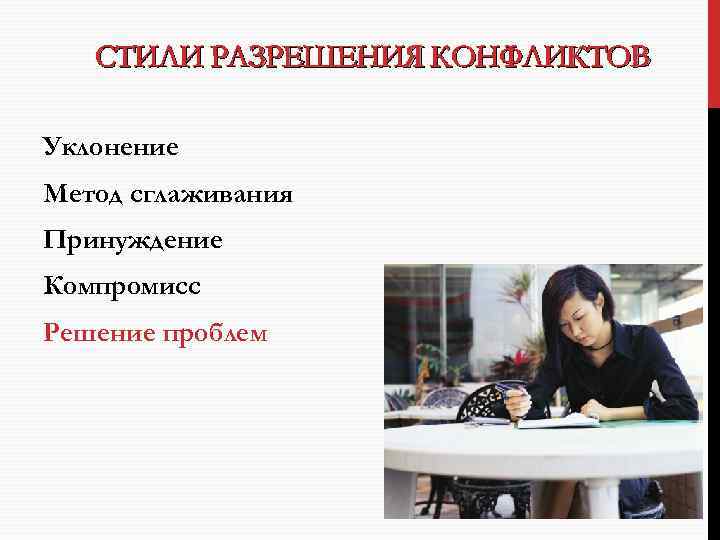 СТИЛИ РАЗРЕШЕНИЯ КОНФЛИКТОВ Уклонение Метод сглаживания Принуждение Компромисс Решение проблем 