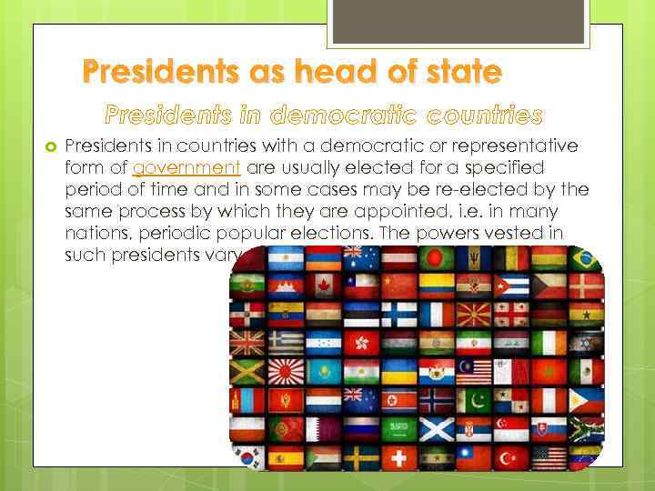Presidents as head of state Presidents in democratic countries Presidents in countries with a