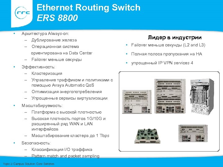 Ethernet Routing Switch ERS 8800 • Архитектура Always-on: – Дублирование железа – Операционная система