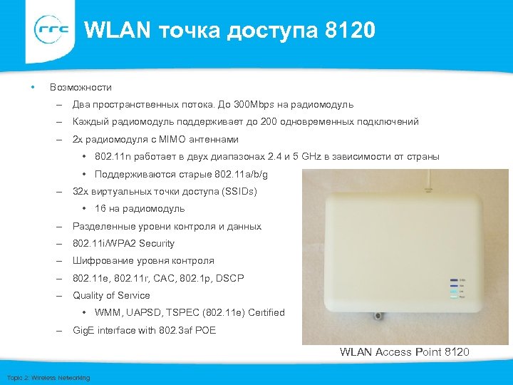 WLAN точка доступа 8120 • Возможности – Два пространственных потока. До 300 Mbps на