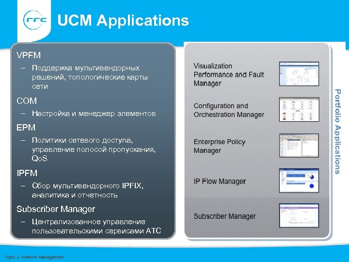 UCM Applications • VPFM – Поддержка мультивендорных решений, топологические карты сети • COM –