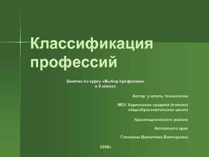 Классификация профессий Занятие по курсу «Выбор профессии» в 9 классе Автор: учитель технологии МОУ