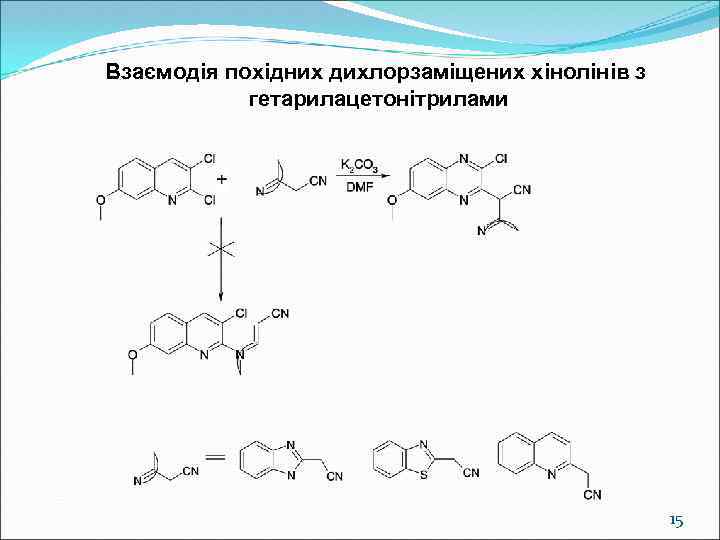 Взаємодія похідних дихлорзаміщених хінолінів з гетарилацетонітрилами 15 